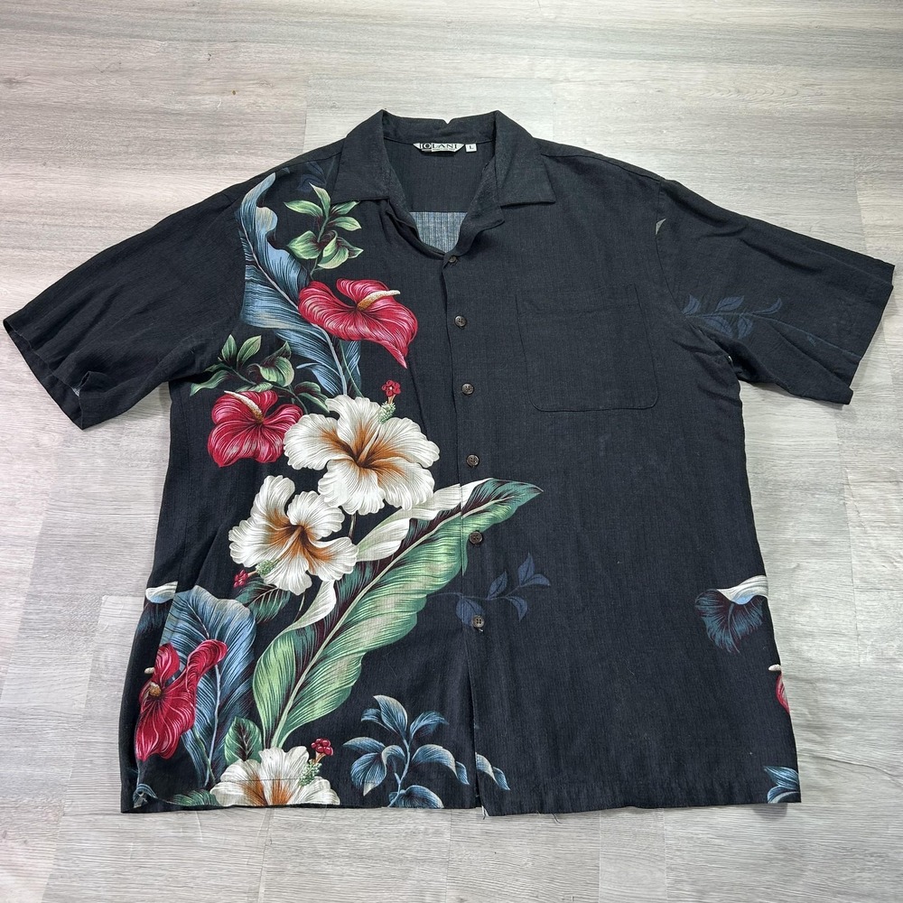 Iolani Shirt Mens Large Black Floral Hawaiian Short‎ Sleeve Button Up Casual